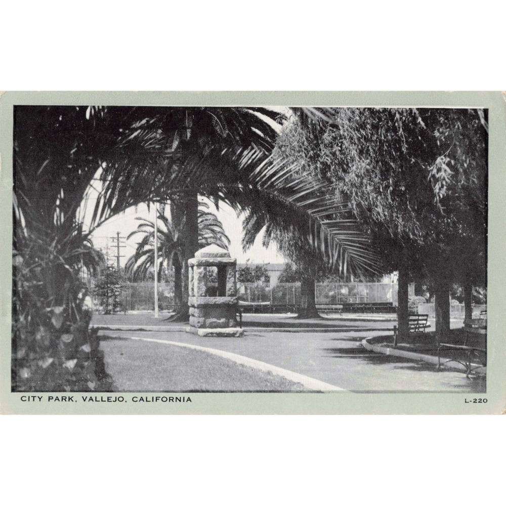 Vallejo California CA City Park Palm Trees Stone Structure Postcard L-220 1945